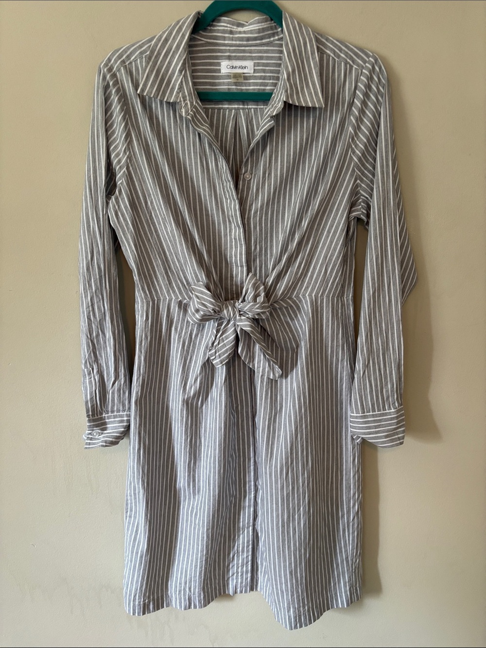 Calvin Klein Women Sz 10 Gray Striped Tie Front Long Sleeve Cotton Shirt Dress